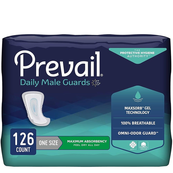 Prevail for Men Daily Male Guards – One Size, Maximum Absorbency | Pack of 14 or Case of 126 (9 x 14 Packs)