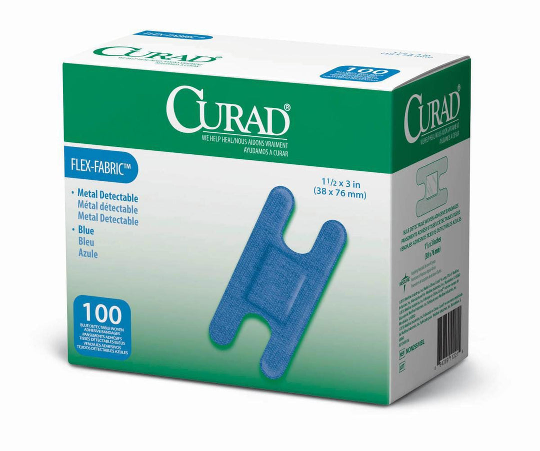 CURAD Flex Fabric Detectable Fingertip Bandage, Blue, 1 1/2" x 3", Box of 100