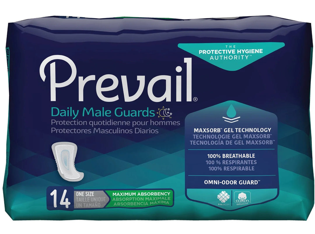 Prevail for Men Daily Male Guards – One Size, Maximum Absorbency | Pack of 14 or Case of 126 (9 x 14 Packs)