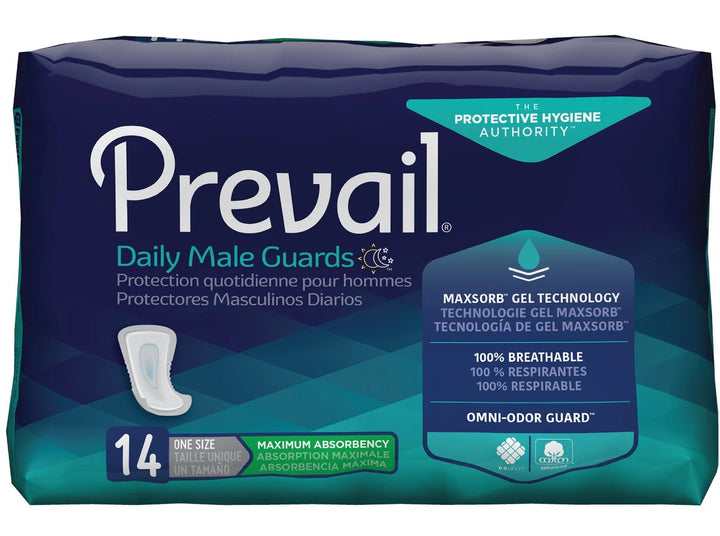 Prevail for Men Daily Male Guards – One Size, Maximum Absorbency | Pack of 14 or Case of 126 (9 x 14 Packs)