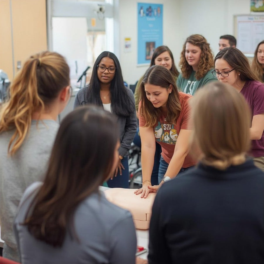 Group of people learning CPR on a mannequin in a classroom setting.
