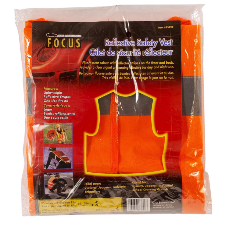 Fluorescent orange reflective safety vest with silver stripes shown in retail packaging